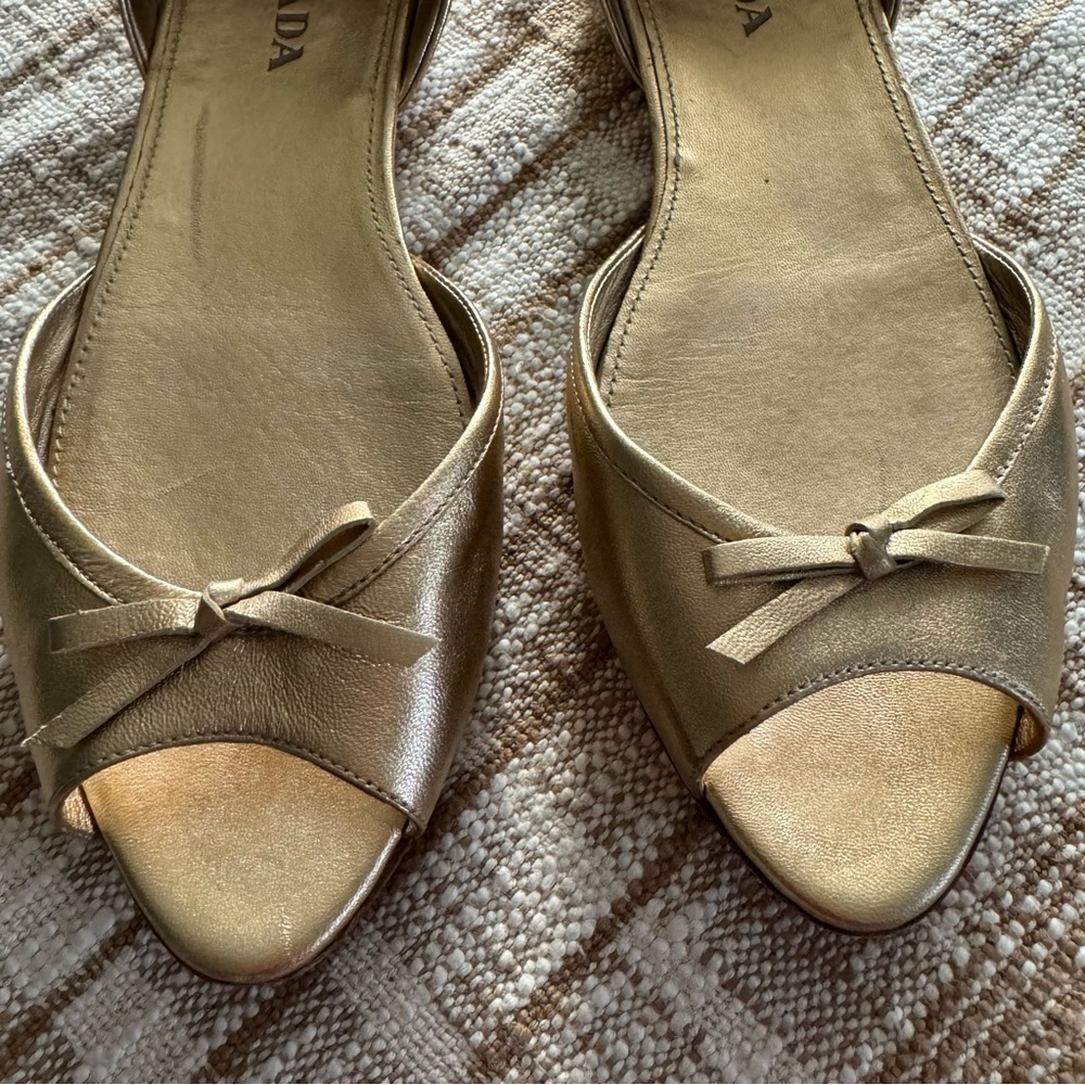 Prada Gold Leather D'Orsay Flats with Bow - Picture 2 of 10